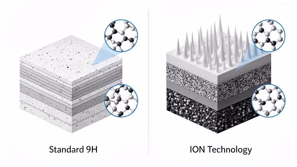 Ceramic Pro ION vs standard 9H coating comparison — thicker structure, larger ions, enhanced hydrophobic layer