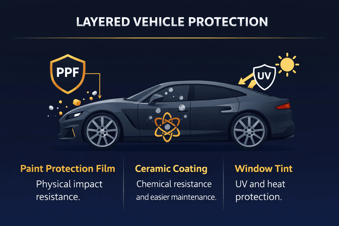 Layered vehicle protection infographic showing PPF, ceramic coating, and window tint.